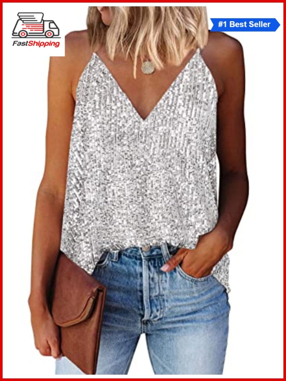 ✨ Sequin Tank Top Womens V Neck Racerback Sleeveless Party Clubwear